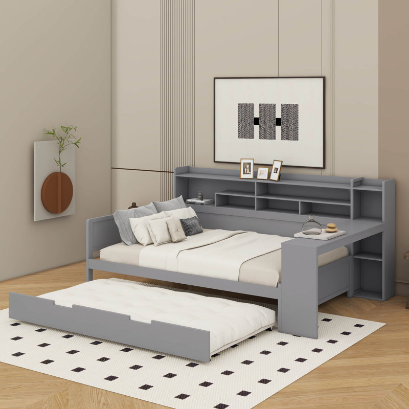 Lit de jour double avec tablettes, lit gigogne et bureau