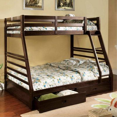 Lit superposé simple au-dessus d'un lit double transitionnel en bois massif au fini noyer foncé, attaché, deux grands tiroirs de rangement, 10 pièces Lattes en haut et en bas avec tiroirs pour le rangement, lattes, rails de sécurité
