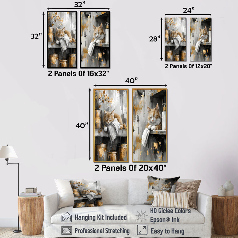 Ensemble de 2 pièces d'art mural gris clair, Cadre flottant doré, H 28 po x l 24 po
