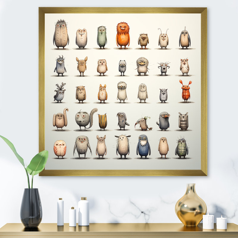Grey Childrens Monsters Nursery Pattern I - Animals Wall Art Print, Gold Single Picture Framed, 30" H x 30" W x 1.5" D