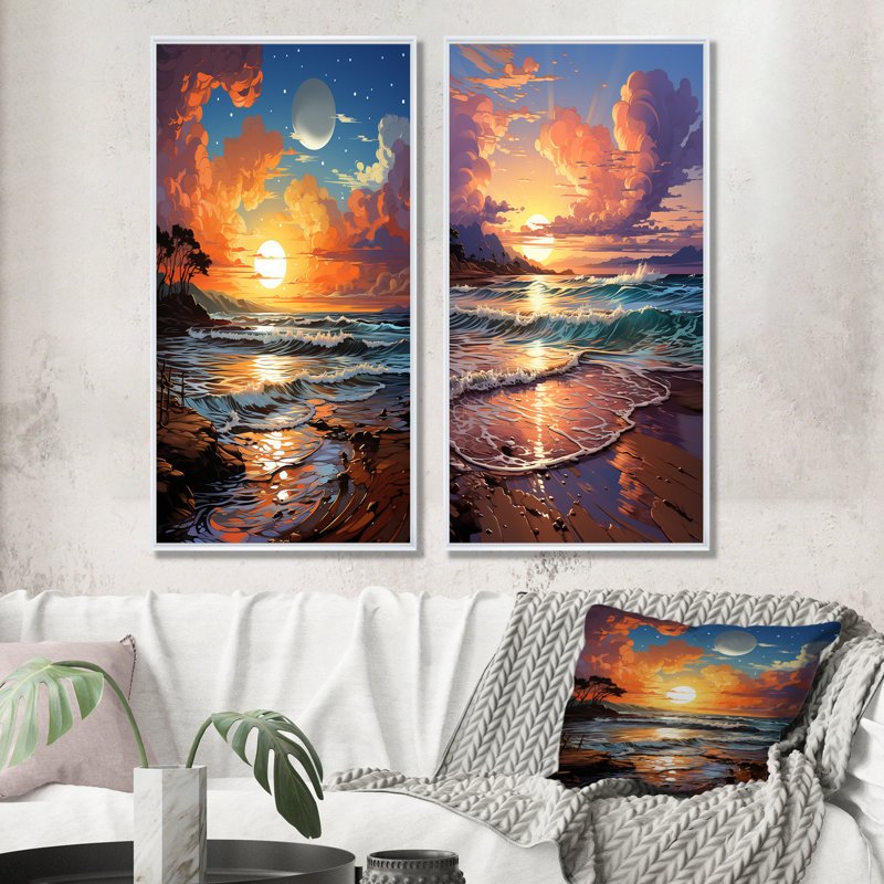 Beachside Sunset Horizon I - Coastal Beach, ensemble de 2 reproductions sur toile, Cadre blanc, H 40 po x l 41 po
