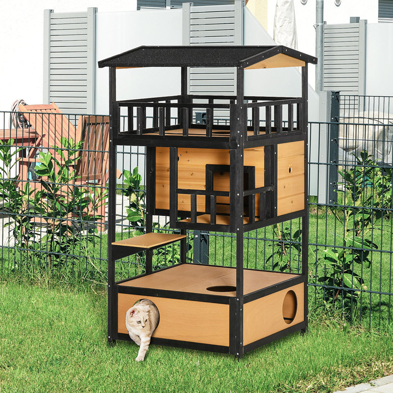 Maison d'extérieur en bois pour chat, Jaune / Noir, H 54 po x l 29,75 po x L 29,5 po