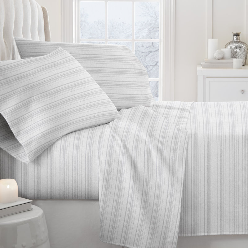Gray Cotton Flannel Full Size Weathered Stripe Sheet Set