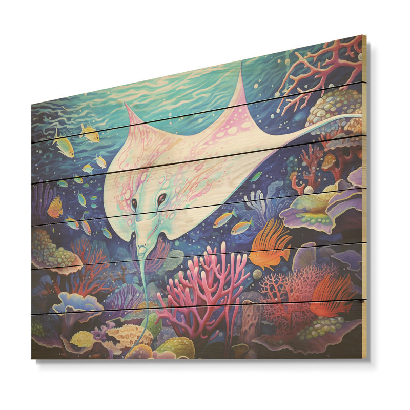 «Manta Rays Drifters Landscape - Coastal Coral Under Water Wood», art mural sur bois de pin naturel, H 10 po x l 20 po