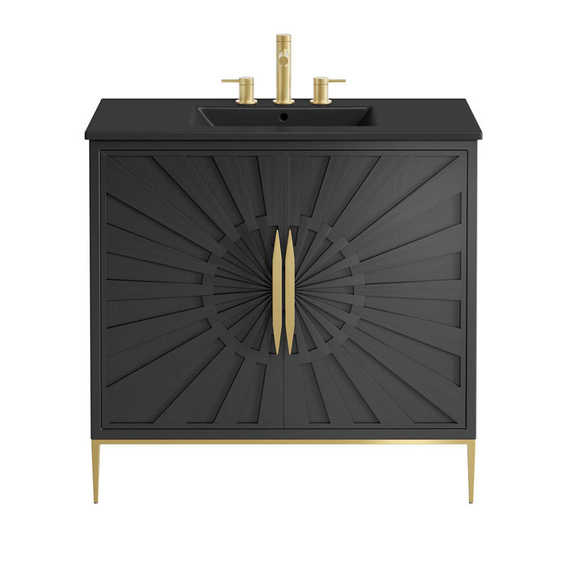 Modway Awaken 36" Black Solid Wood Bathroom Vanity with Gold Accents