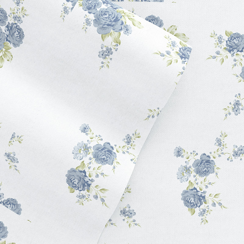 Ensemble de draps 100% coton, Bouquet de roses bleu clair, Ensemble de draps pour taille de lit très grand c