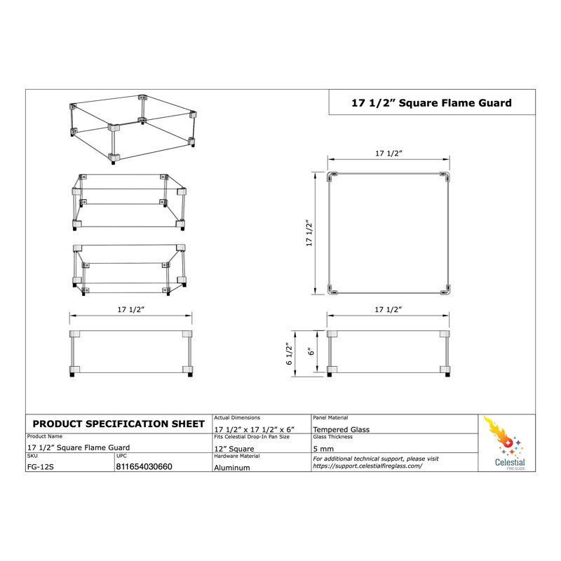 Square Fire Pit Wind Guard, 6" H x 17.5" W x  17.5" D