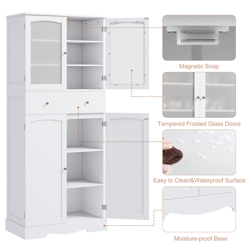 White 70.8'' Wooden Bathroom Cabinet with Glass Doors and Drawer