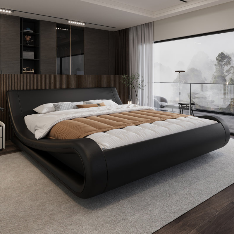 Low Profile Sleigh Bed With Faux Leather Ergonomics Headboard, Black, Queen