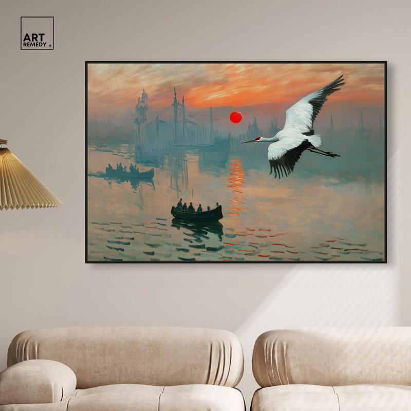 «Crane Sunset», toile par Pet Remedy, H 37 po x l 55 po, Cadre flottant noir