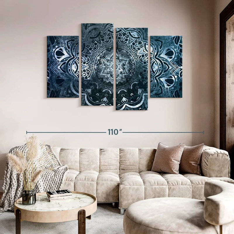 Mandala, mandala hypnotique sur toile, 4 pièces, H 54 po x l 84 po x P 1,25 po