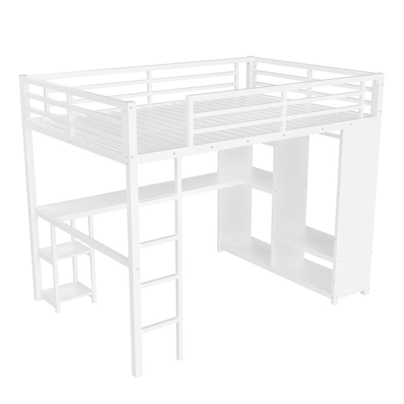 Queen Size Metal Loft Bed Frame with Desk, Built-in Wardrobe and Storage Shelves, Space-Saving High Loft Bed, White