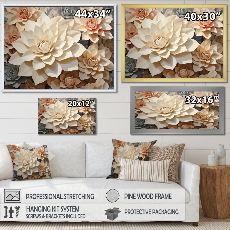 «Beige Succulent Soft Bloom III», reproduction sur toile, Cadre flottant blanc, H 12 po x l 20 po x P 1 po