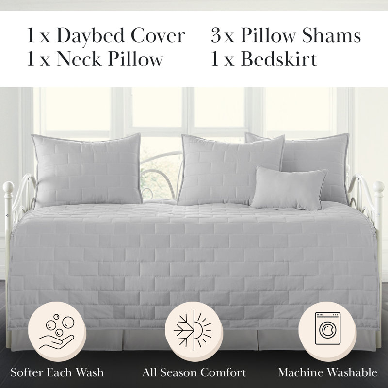 Southshore Fine Linens Brickyard 6-Piece Daybed Quilt Set with Shams and bed skirt, Light Gray