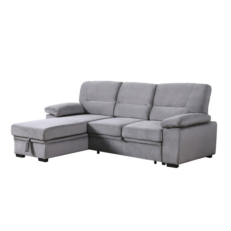 Mccutcheon Velvet Fabric Reversible Sleeper Sectional Sofa Chaise, Gray Velvet