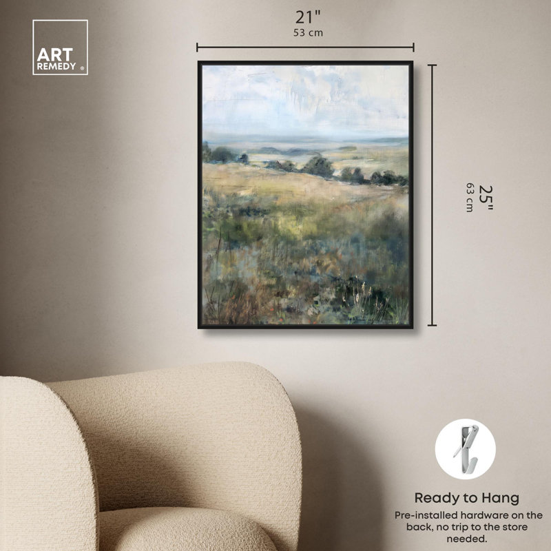 «Rolling Green Canvas Vintage Farmhouse» par Art Remedy, H 25 po x l 21 po, Cadre flottant noir