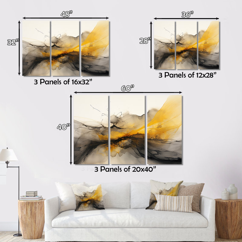 Paysages de rêves vagues rétro jaune noir I - impression sur toile tendue 3 pièces, H 40 po x l 60 po x P 1 po