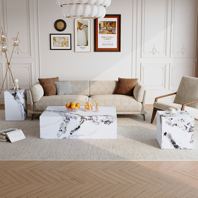 Ensemble de 3 tables basses et tables de bout modernes avec table d'appoint cubique et table d'appoint, Blanc