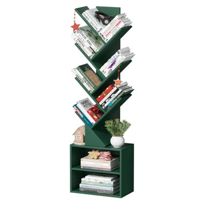 10 Tier Tree Bookshelf,Floor Standing Wood Tall Bookcase for Narrow Space, Storage Organizer Bookshelves for Books, Book Case for CDs/Movies/Books,Home Office,Living Room, Bedroom