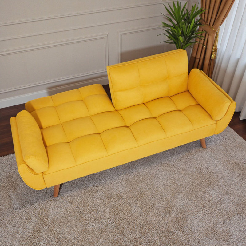 Canapé convertible rembourré 75,39 po avec pieds fuselés en bois et dossier réglable Futons, Lin jaune