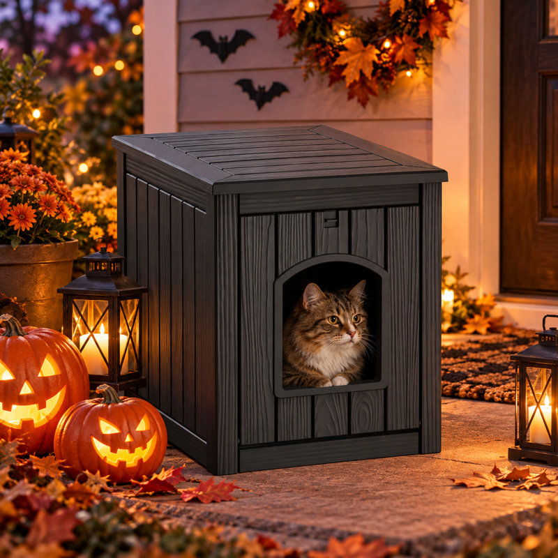 Maison pour chat en résine étanche de 54,5 cm de hauteur, avec bac à litière intégré pour usage intérieur et extérieur., Noir