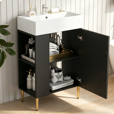 21.6-Inch Black Bathroom Vanity with Ceramic Sink and Spacious Storage, Perfect for Small to Medium Bathrooms
