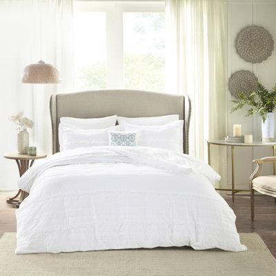 Housse de couette en microfibre blanche avec détails à volants et boutons