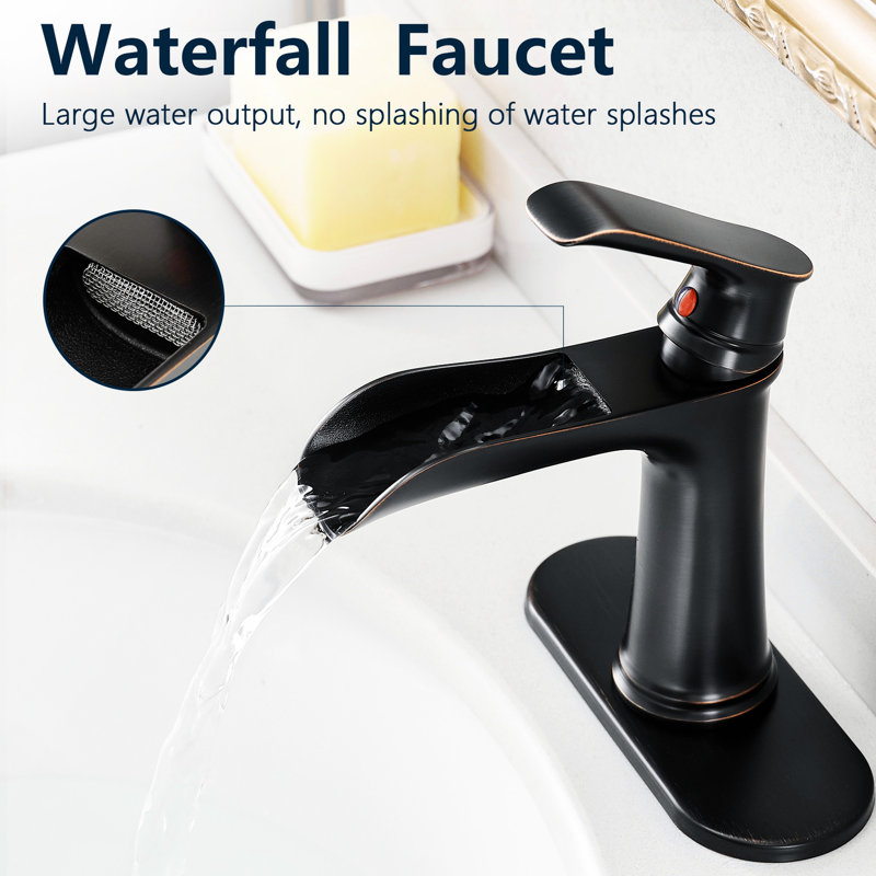 Hot And Cold Bathroom Faucet Waterfall, Deck-Mounted, One Handle, With Pop Up Drain Supply Lines Waterfall Faucet, Deck Mounted, Drain, Lines, Hole, Contemporary Style, Water