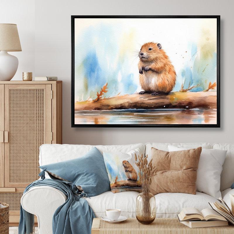 «Cute Beaver I» sur toile, Cadre flottant noir, H 34 po x l 44 po x P 1,5 po