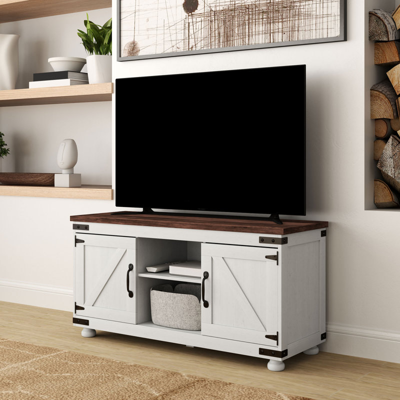 Meuble télé Farmhouse pour téléviseur de 50 po ou moins avec portes de grange - blanc vieilli