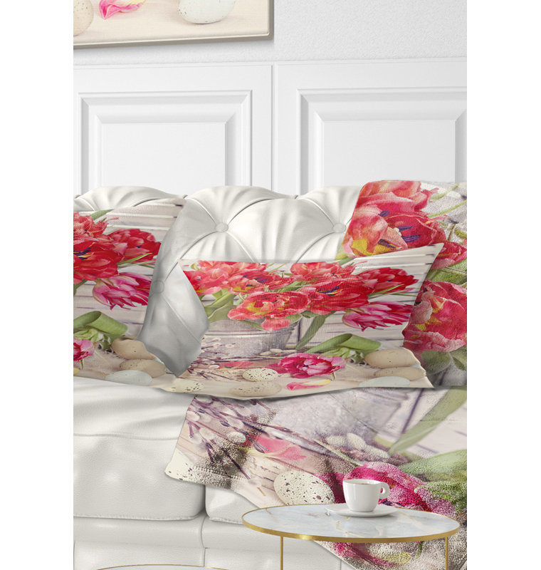 Fleurs de tulipes et œufs de Pâques - Coussin décoratif à imprimé floral