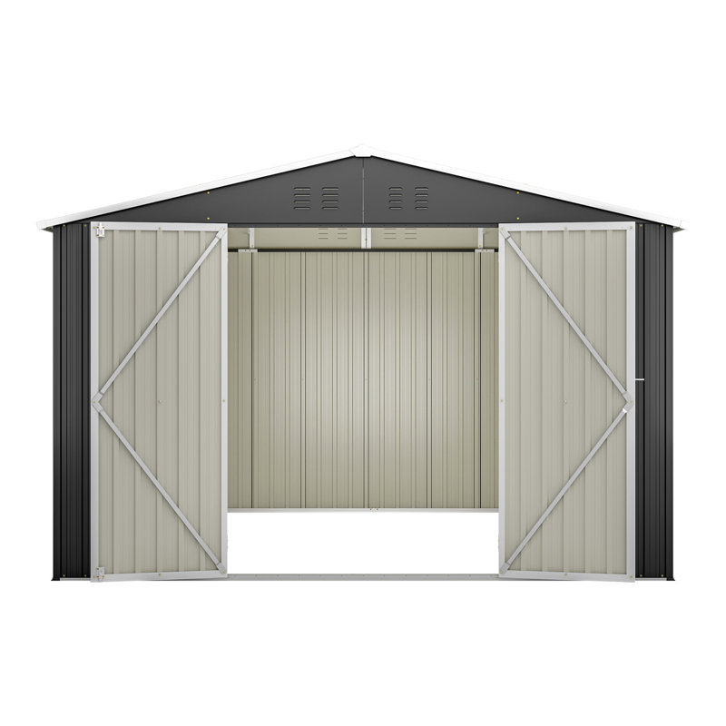 Remise pour l'extérieur en métal noir 10 pi x 10 pi, cadre robuste actualisé, portes doubles verrouillables, outils toutes saisons pour la cour arrière, acier galvanisé avec ouvertures imperméables et ventilées