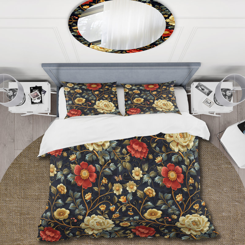 Red Gold Floral Delicate Flowers - Ensemble de housse de couette floral, Housse de couette simple + 2 taies décoratives st