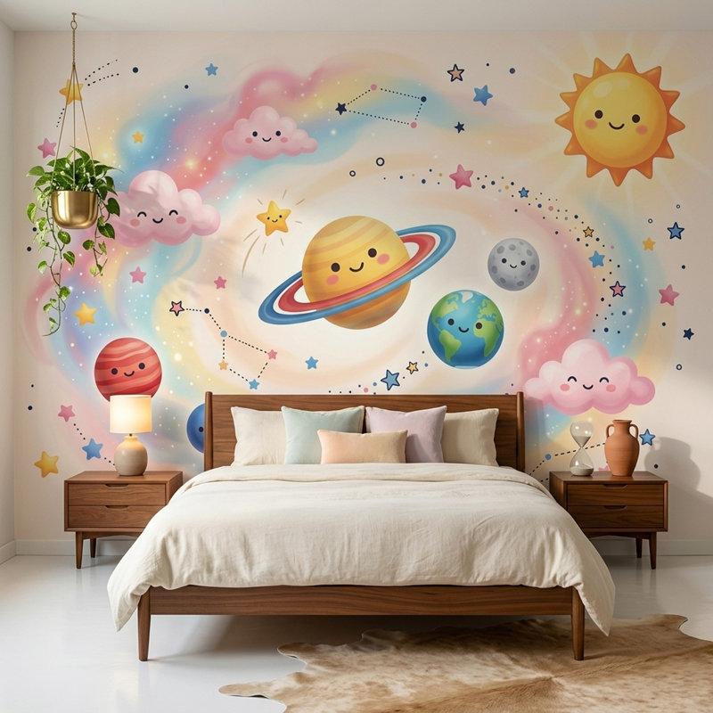 Mignon espace papier peint décoratif galaxie pastel Kawaii Planets, Non tissé, 200 po x 120 po