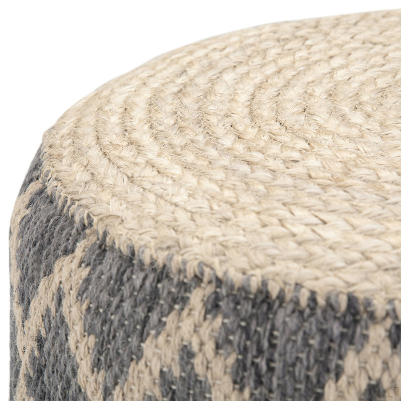 18 Inch Wide Round Pouf In Grey And Natural Handwoven Jute And Cotton