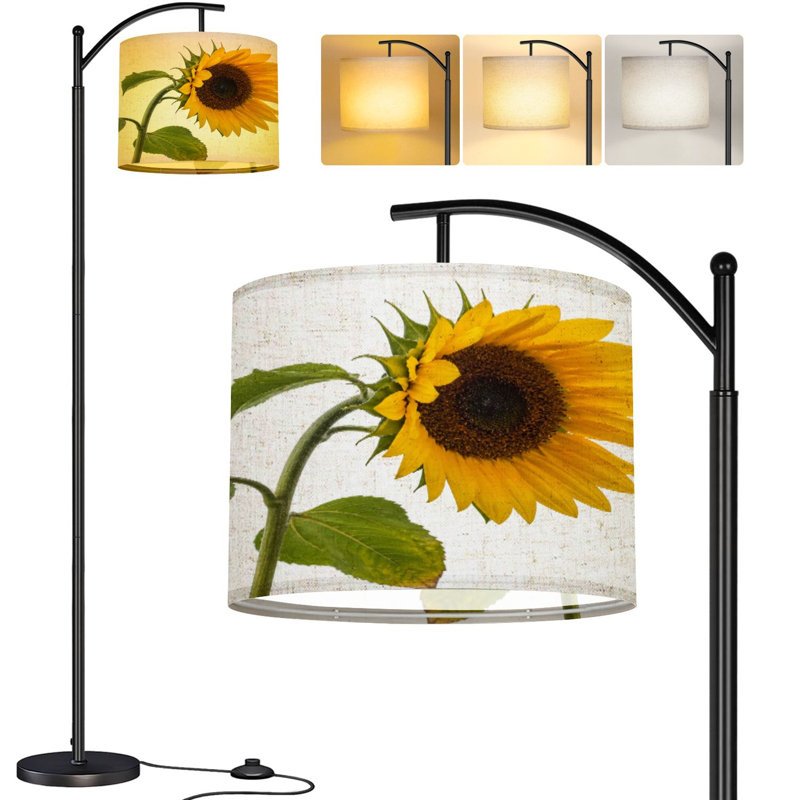  Arc Floor Lamp Sunflower Droop Tall Modern Standing Lamp LED Adjustable Linen Lampshade 3 Color Temperatures