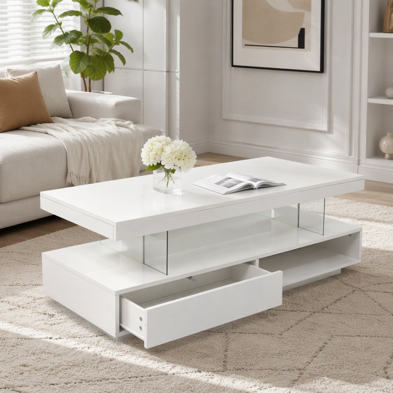 Table basse à DEL avec rangement et 2 tiroirs, L 51,2 po, Blanc