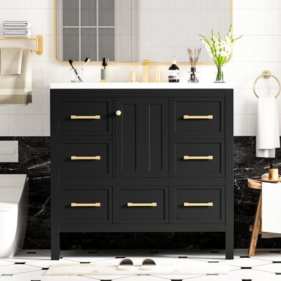 Armoire de lavabo de salle de bain noire 36 po - Armoire invariante à 5 tiroirs en bois massif et résine