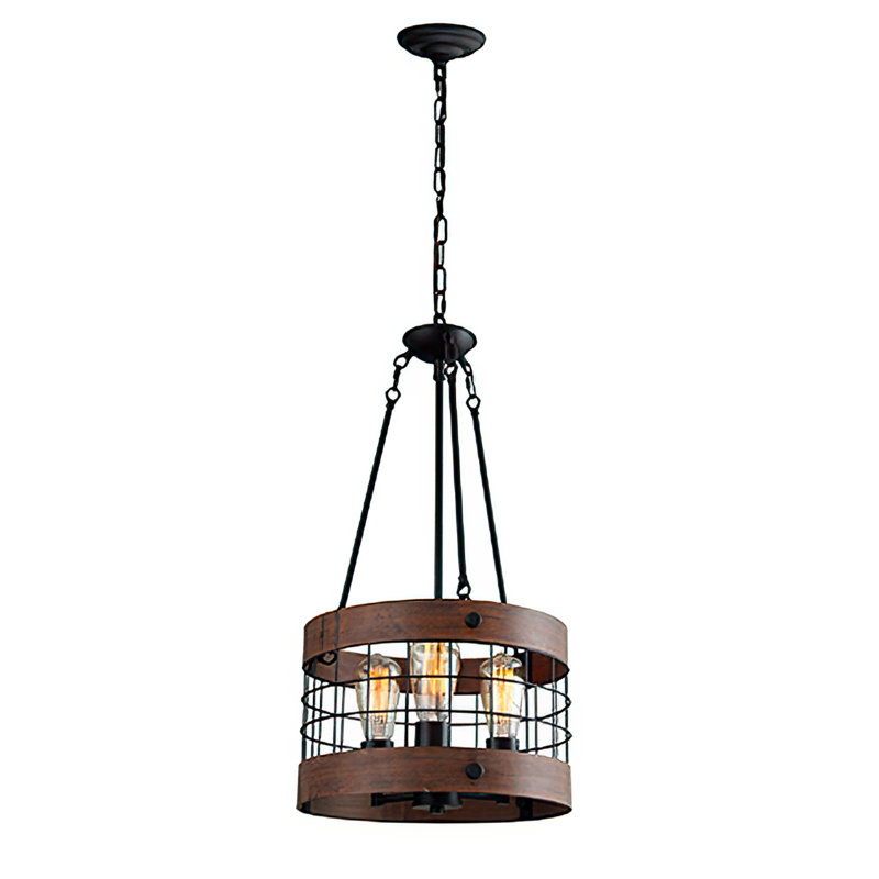 Lustre tambour 3 lumières en cage avec finition veinée en bois et chaîne en filet noir