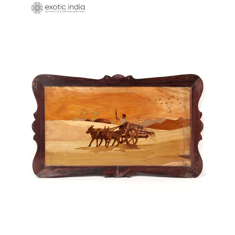 Hand-Carved Loaded Bullock Cart Wood Inlay Wall Art | 20-Inch Rustic Indian Scene Panel