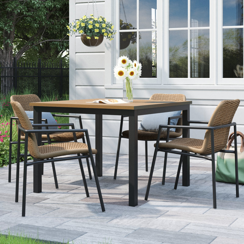 Orso 5-Piece 39" Square Dining Table & Armchairs Set - Natural Tekwood Top Sand Resin Wicker