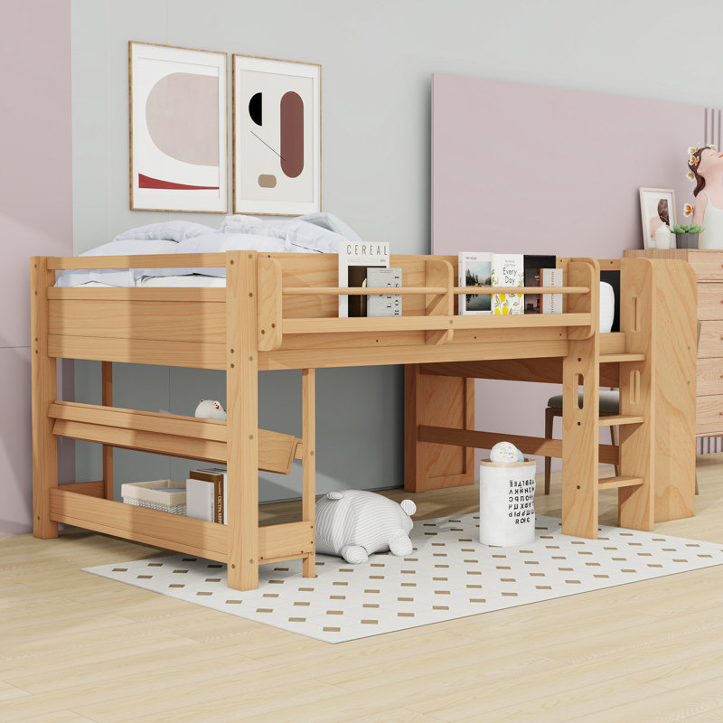 Lit mezzanine multifonctionnel tout-en-un avec bureau, tablettes de rangement et aire de jeux, Lit double