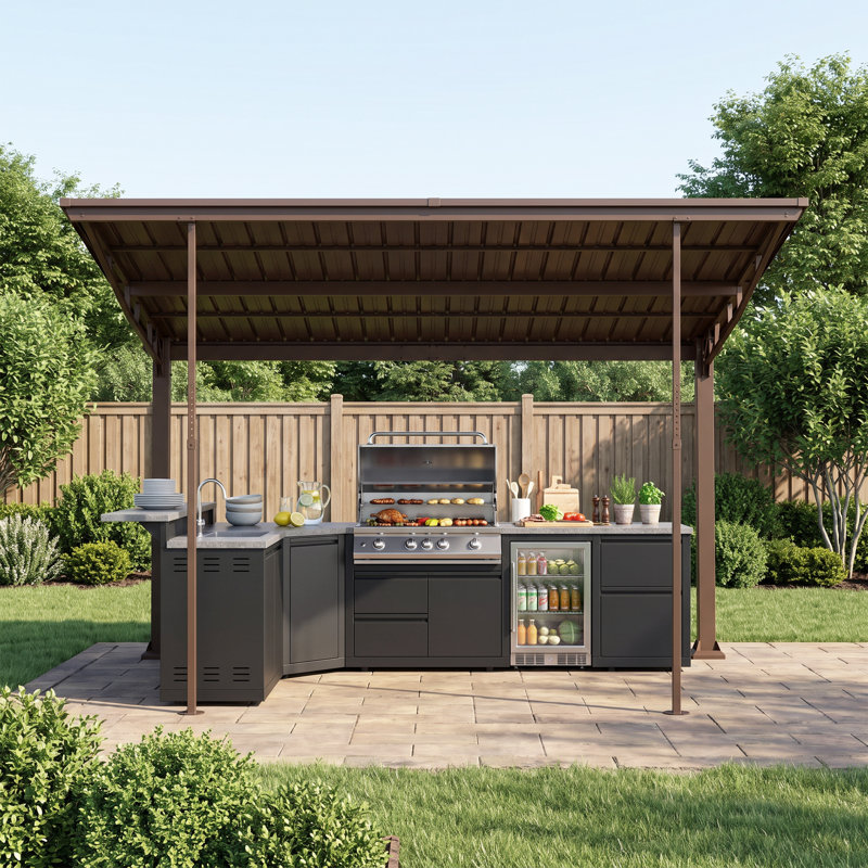 Domi 12x10 FT Hardtop Gazebo, Freestanding or Wall Mounted Metal Pergola, 12 ft x 10 ft, Brown