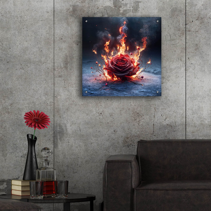 Art mural en verre épique «Red Rose On Fire 4» par Rey Klimt, H 24 po x l 24 po x P 0,2 po