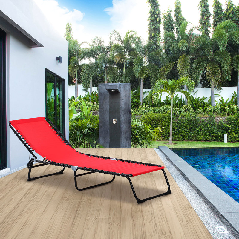 Outdoor Chaise Sun Lounge. 4 Reclining, Breathable Mesh. With Pillow, Bungee Seat. For Pool, Beach. Red Sunbathing Chair Tanning. Recline, Mesh &