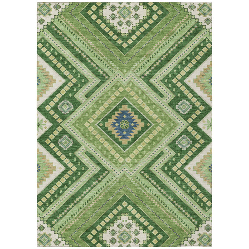 3' X 5' Green Ivory And Beige Tribal Washable Indoor Outdoor Area Rug