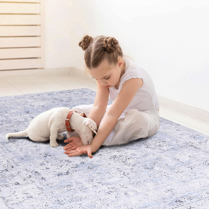 Kitchen Area Rug - Washable, Non-slip, Low-pile, Foldable, Stain , Non-shedding, & Pet Approved (blue+cream, 2'6'' X 10' Versatile Washable For Living Room Soft,