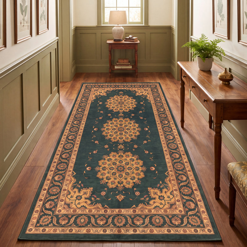 Tapis Cranleigh traditionnel à médaillon, style persan, or, vert, crème, ivoire, lavable à la machine, antidérapant, à poils courts, pour l'intérieur et l'extérieur, adapté aux animaux domestiques, idéal pour le salon, la chambre, la salle à manger, l'entrée, le couloir ou le bureau.
