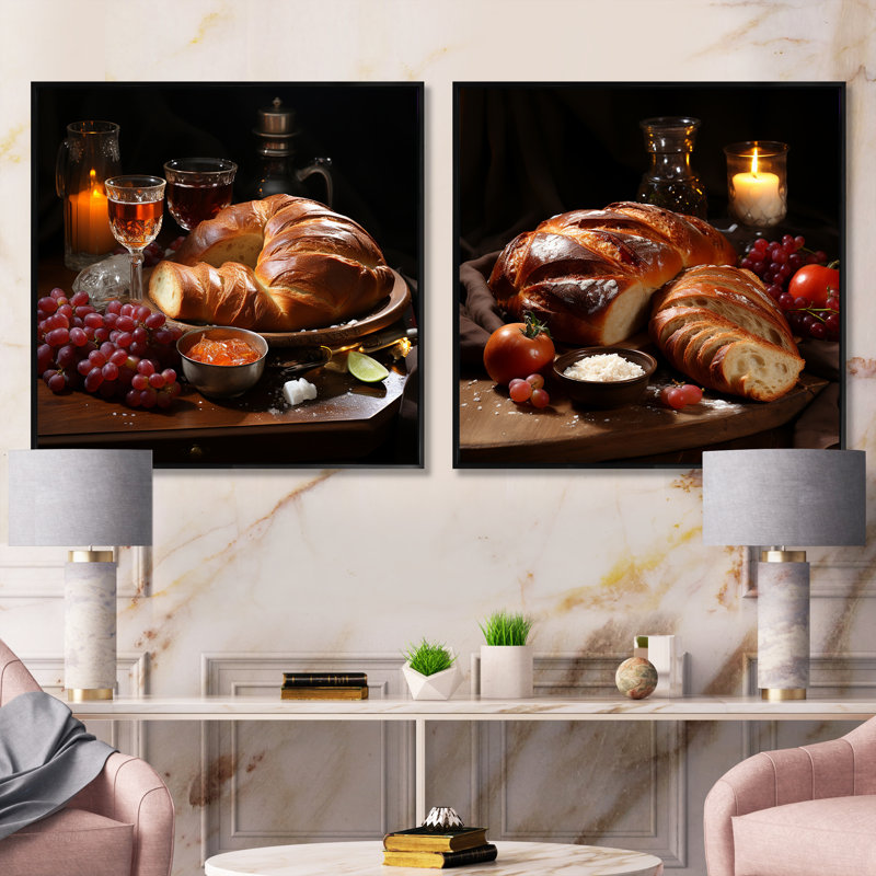 Judaïsme challah traditionnel - ensemble de 2 collages carrés, Cadre flottant noir, H 16 po x l 33 po