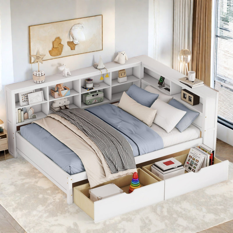 Wooden Daybed With 2 Drawers, Storage Shelf And Usb Charging Ports, White